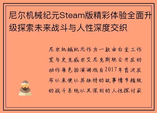 尼尔机械纪元Steam版精彩体验全面升级探索未来战斗与人性深度交织